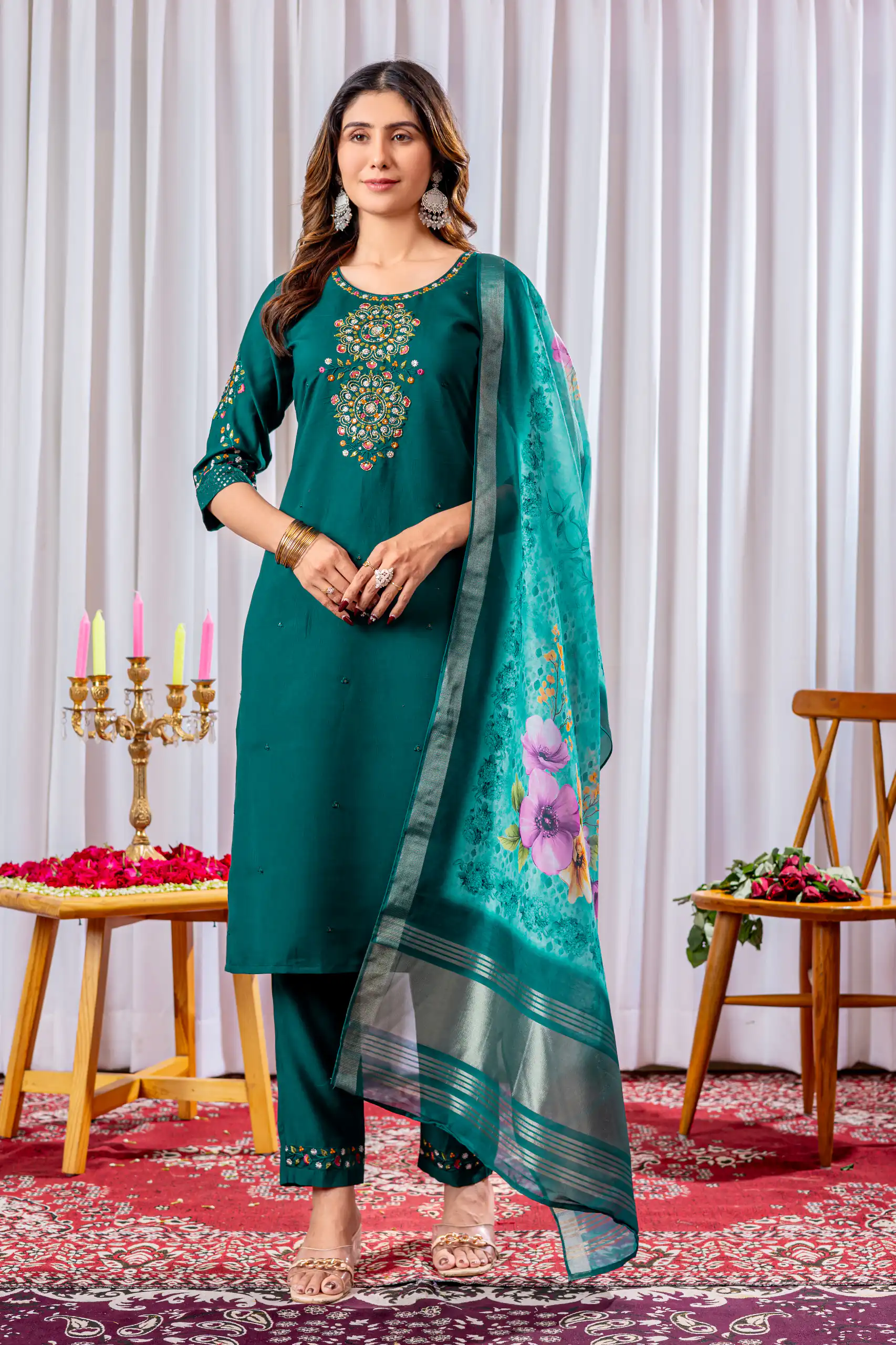 DIVA 111 Teal Viscose Silk Salwar Suit with Thread Embroidery Work. Best Price ₹2049. Delivery 4-6 Working Days. Shop now. | Jump Suits, Salwar suit, Casual Suits, Creative suits, Designer Suits, Palazzo Suits, Party Wear Suits, Patiala Suits, Straight Suits
