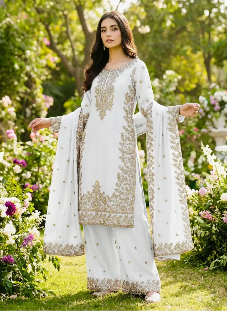 SRK 5316 White Organza Silk Salwar Suit Perfect for Wedding, Party, Makar Sankranti, Eid, Durga Puja – . Affordable Price ₹2149. Delivery 4-6 Workin | Jump Suits, Salwar suit, Casual Suits, Creative suits, Designer Suits, Palazzo Suits, Party Wear Suits, Patiala Suits, Straight Suits