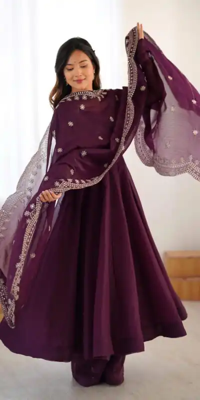 Wine Fandy Silk Embroidery Work Gown