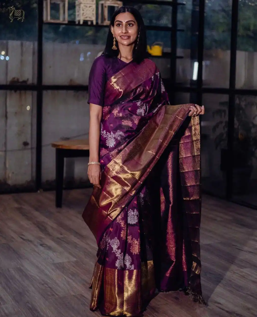 Wine Soft Lichi Silk On All Over Border Saree