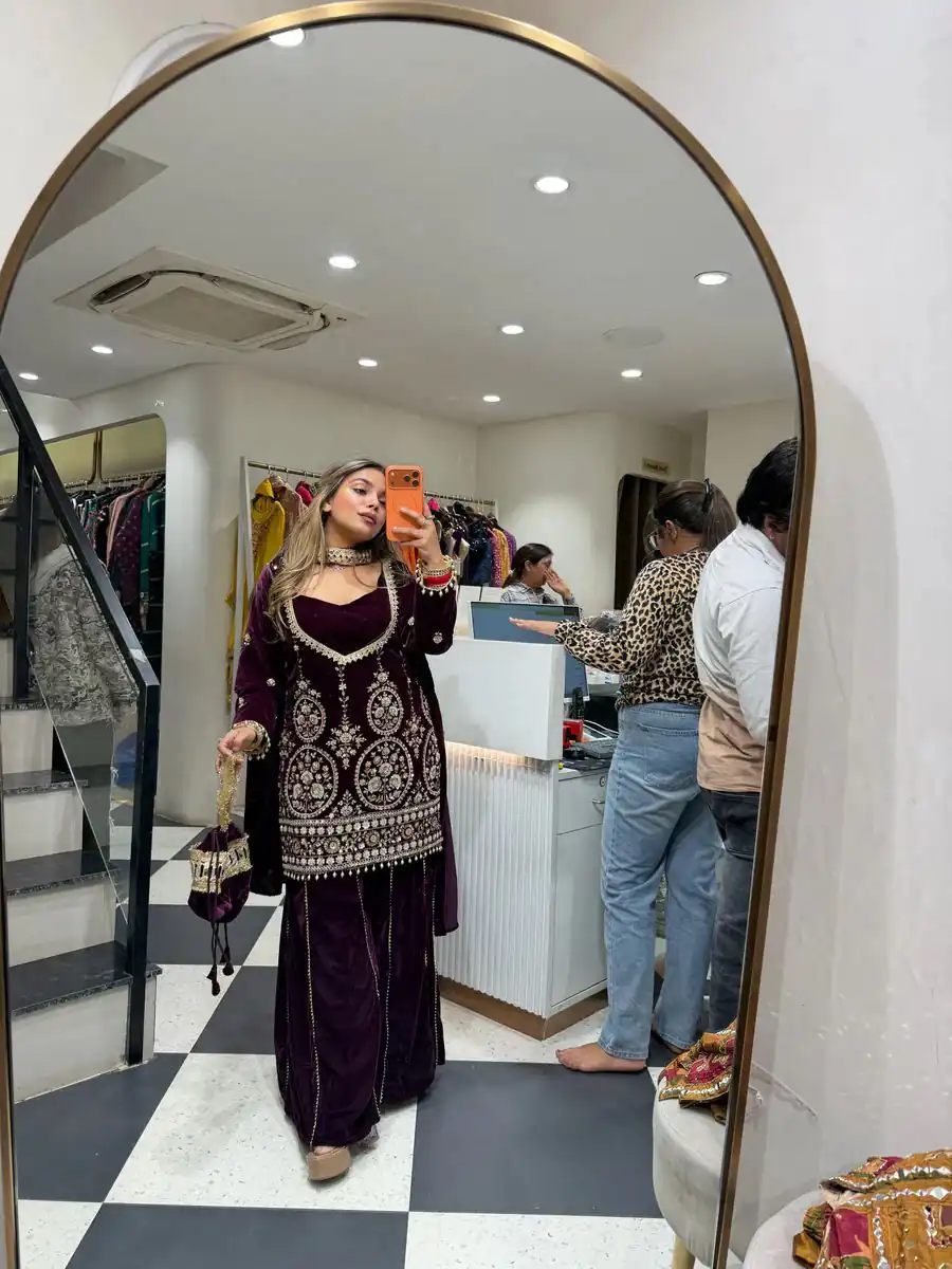 LG 2038 Wine Velvet Salwar Suit with Embroidery Work & Mirror Work. Grab it for ₹2099. Delivery 4-6 Working Days. Shop now. | Jump Suits, Salwar suit, Casual Suits, Creative suits, Designer Suits, Palazzo Suits, Party Wear Suits, Patiala Suits, Straight Suits