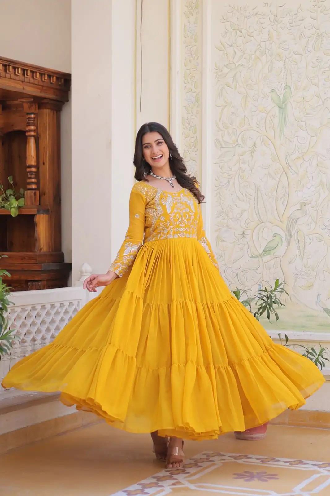 Yellow Fox Georgette Sequence Work Gown