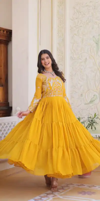 Ram 083 Yellow Fox Georgette Sequence Work Gown . Wedding, Party, Festive, Events Grab it for βΉ1749. Delivery 4-6 Working Days. Shop now. | Gowns, Bollywood Gowns, Creative Gowns, Designer Gowns, Embroidered Gowns, Party Wear Gowns