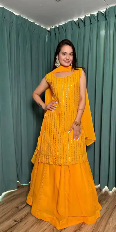 FB L299 Yellow in Color Georgette Mirror Work Lehenga Choli e. Introductory Price ₹2549. Delivery 4-6 Working Days. Shop now. | Lehenga, Bollywood Lehenga, Creative Lehenga, Designer Lehenga, Embroidered Lehenga, Party Wear Lehenga