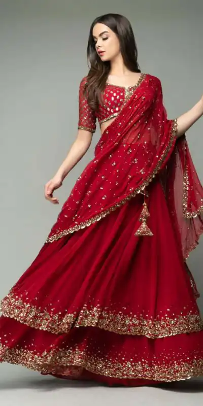 KF 1330 Red Lehenga : Georgette Blouse : Georgette Work : Sequence Embroidery Work With 2 Layer Ruffle Wedding, Party, Festive @2049/- Only | Lehenga, Bollywood Lehenga, Creative Lehenga, Designer Lehenga, Embroidered Lehenga, Party Wear Lehenga