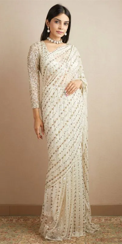 Gorgeous White Color Georgette Embroidery Sequence Work Saree