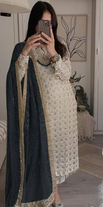 Pretty White Color Sequence Work Salwar Suit With Black Dupatta