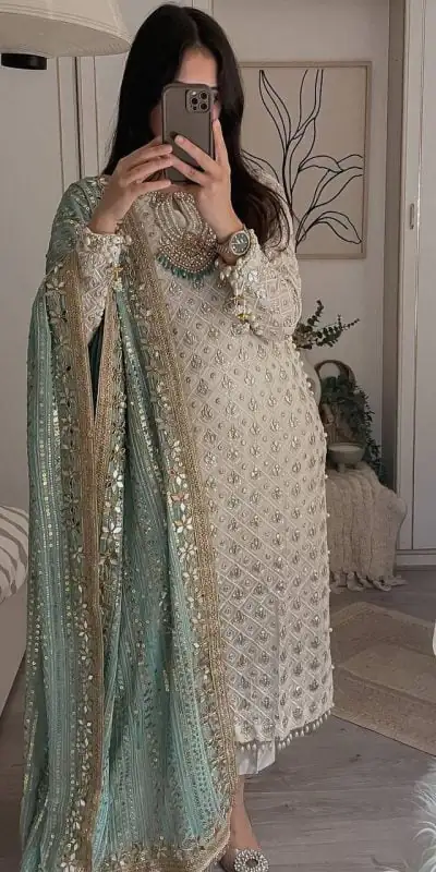 Pretty White Color Sequence Work Salwar Suit With Green Dupatta