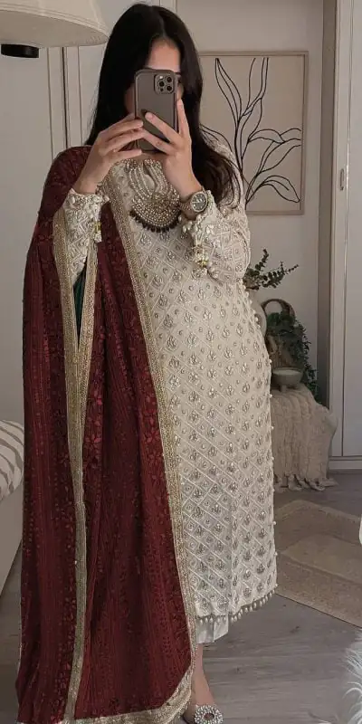 Pretty White Color Sequence Work Salwar Suit With Maroon Dupatta
