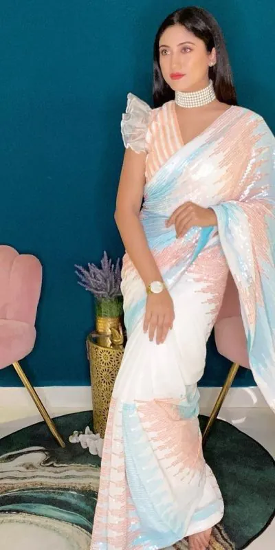 Stylish White Color Soft georgette shaded sequence work Saree