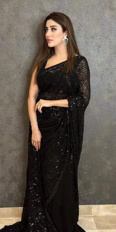 Superb Black Color Georgette Embroidery Sequins work Saree