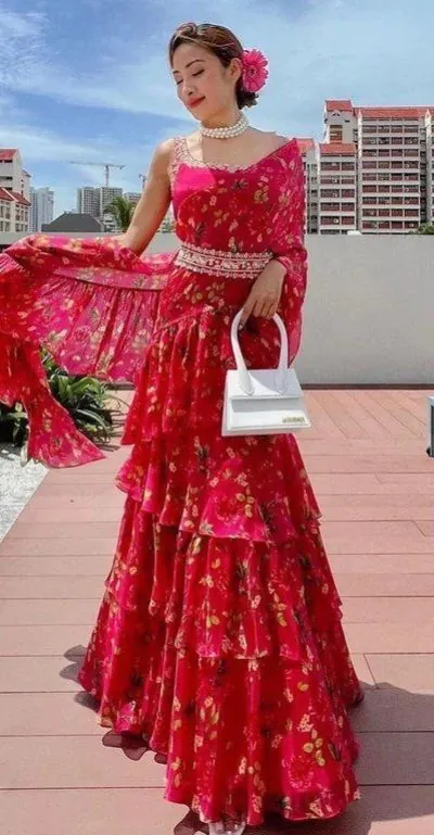 Nice Pink Georgette Silk Printed With Ruffle Layer Lehenga Choli