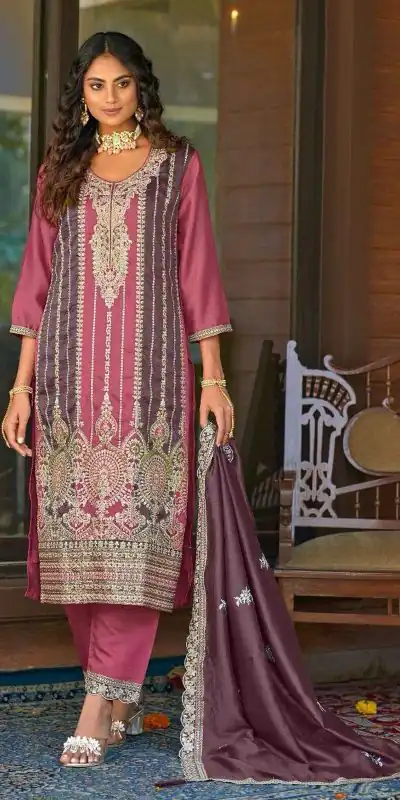 Grand Pink Color Vichitra Embroidery Codding Sequence Salwar Suit