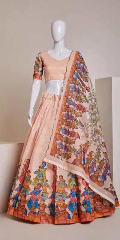 Nice Peach Color Silk Embroidery Sequins Amazing Print Lehenga Choli