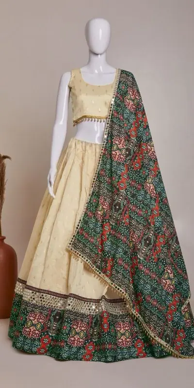 Pretty Cream Jaccard Silk Dori Embroidery Printed Lehenga Choli