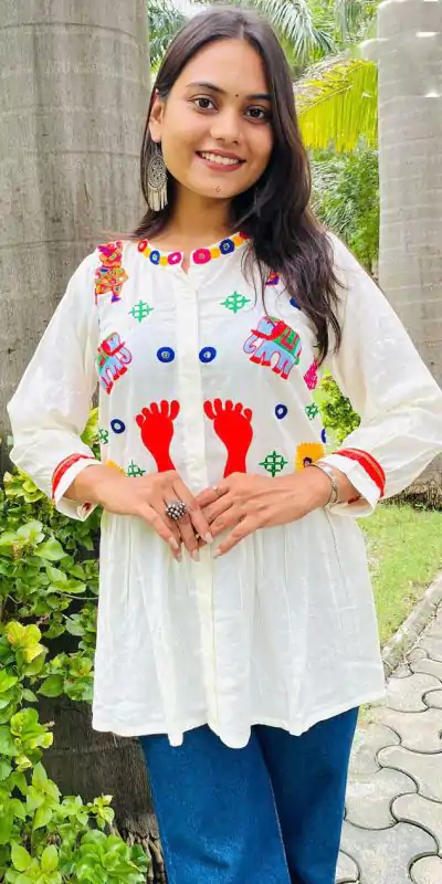 Beautiful White Color Cotton Flex and Rayo Embroidery Work Kurti