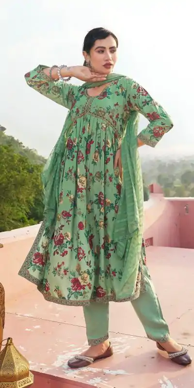 Fantastic Pista Green Color Rayon Alia Cut With Embroidery Work Kurti