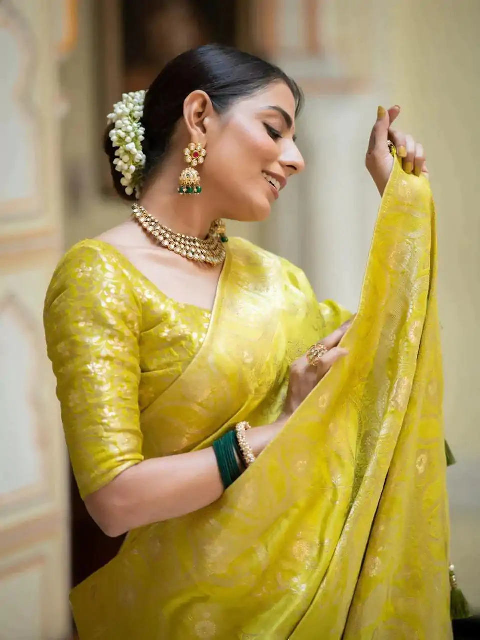 Lemon Yellow Soft Litchi Silk All Over Weaving Saree - Image 2