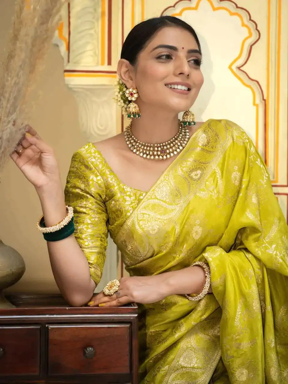 Lemon Yellow Soft Litchi Silk All Over Weaving Saree - Image 3