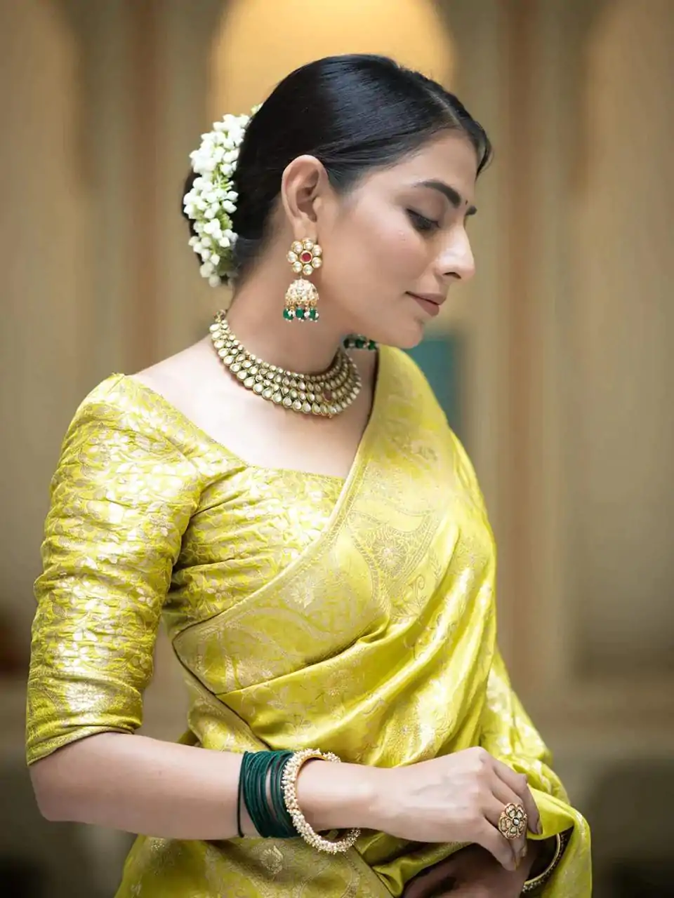 Lemon Yellow Soft Litchi Silk All Over Weaving Saree - Image 4
