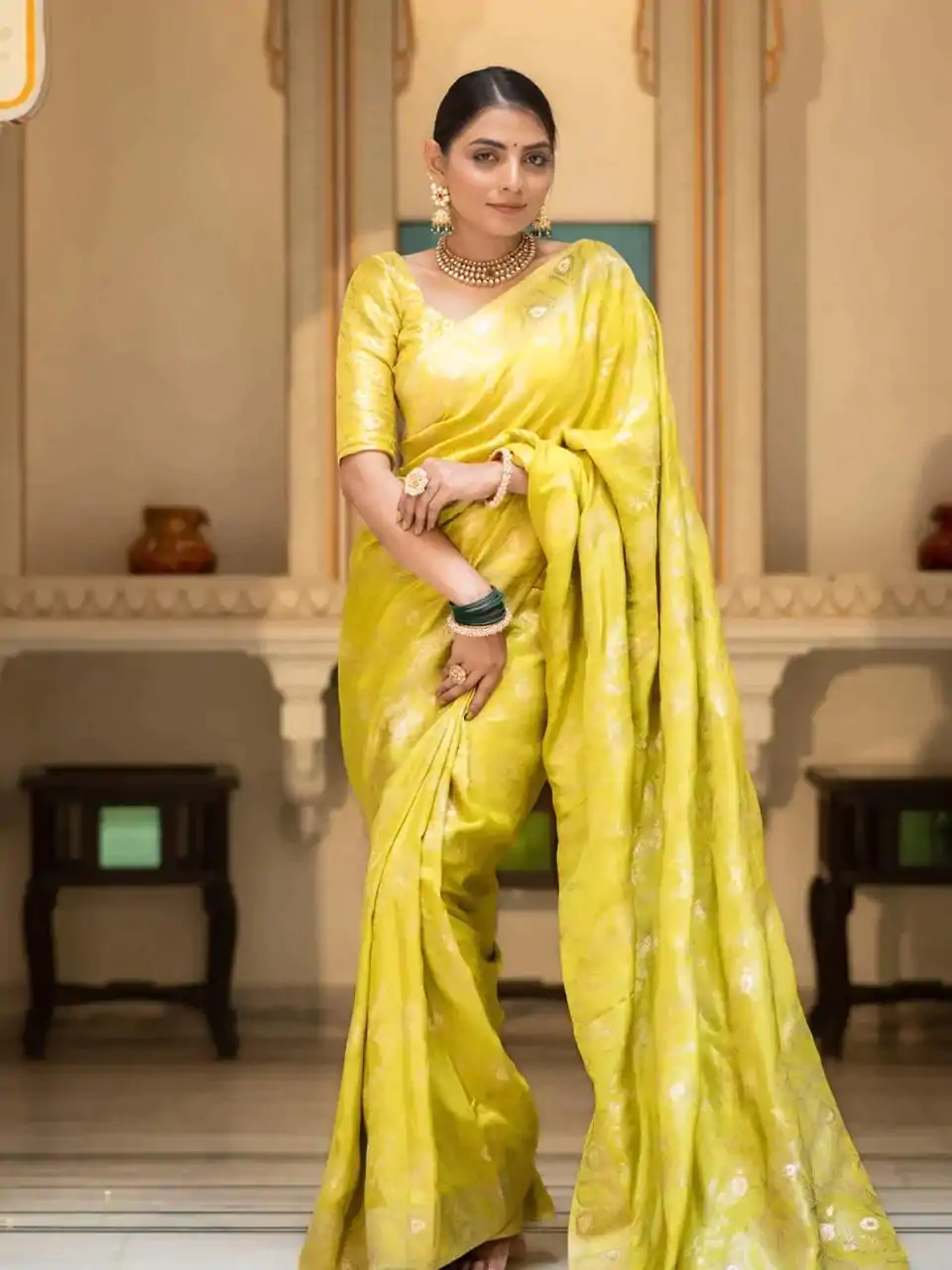 Bright Lemon Yellow Color Soft Litchi Silk All Over Weaving Saree