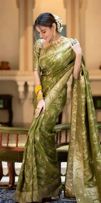 Bright Mehandi Color Soft Litchi Silk All Over Weaving Saree