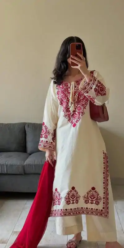 BE 386 Off White Color Roman Silk Embroidery Work Salwar Suit Casual, Wedding, Festive, Events . Expected Delivery  4-6 Working Days @1899/- only      | Jump Suits, Salwar suit, Casual Suits, Creative suits, Designer Suits, Palazzo Suits, Party Wear Suits, Patiala Suits, Straight Suits