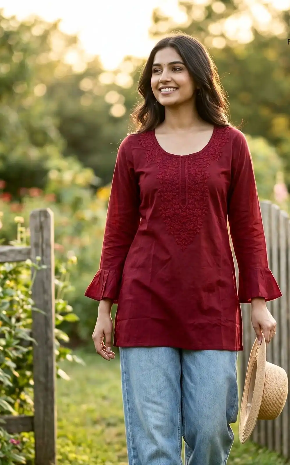 Maroon Rayon Chikan Work Kurti