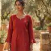 Red Rayon Chikan Work Kurti
