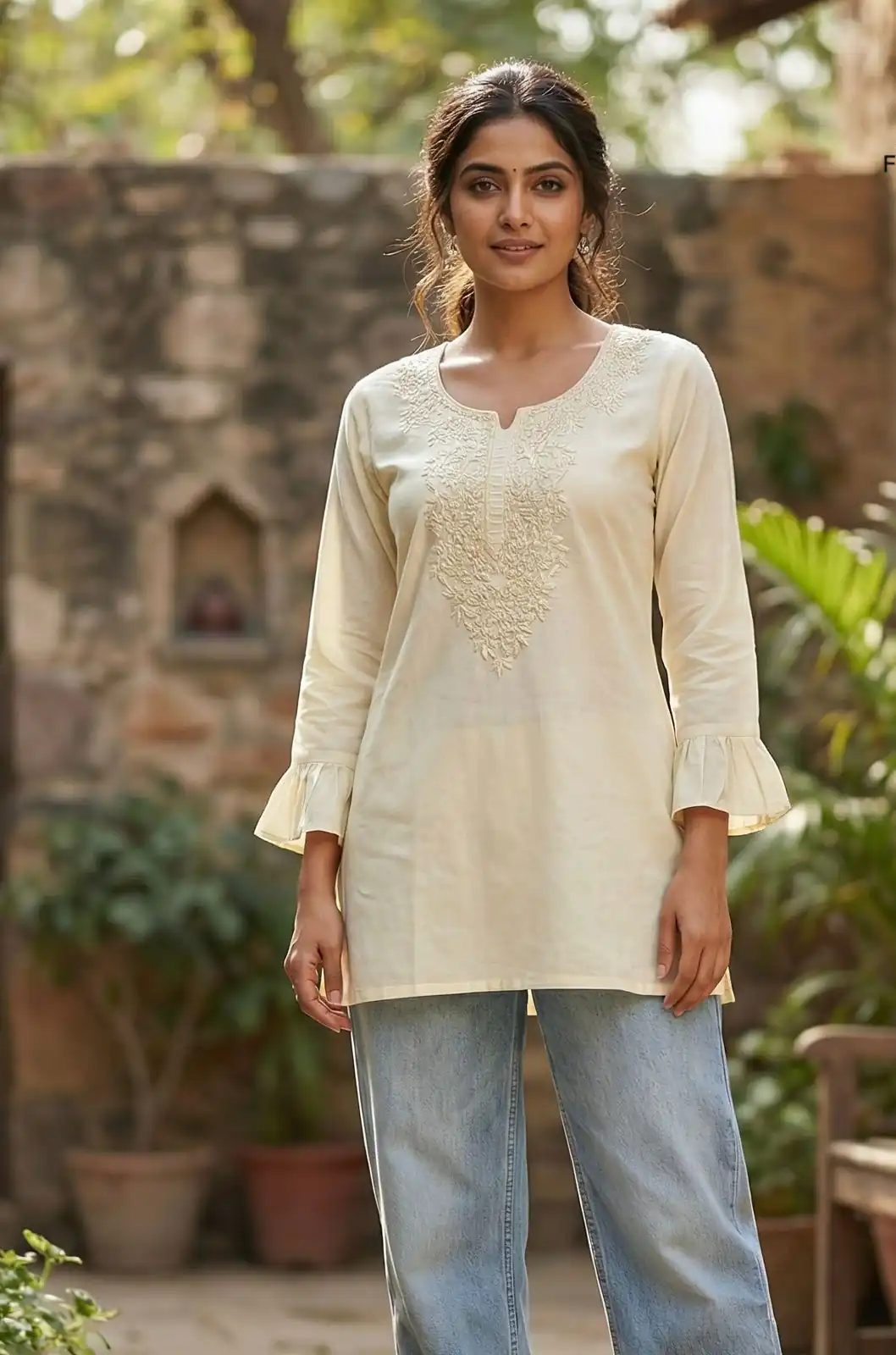 Off White Rayon Chikan Work Kurti