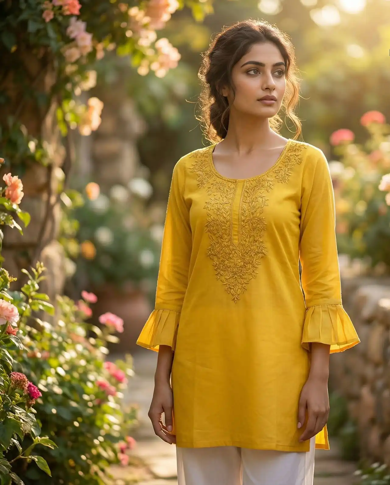 Yellow Rayon Chikan Work Kurti