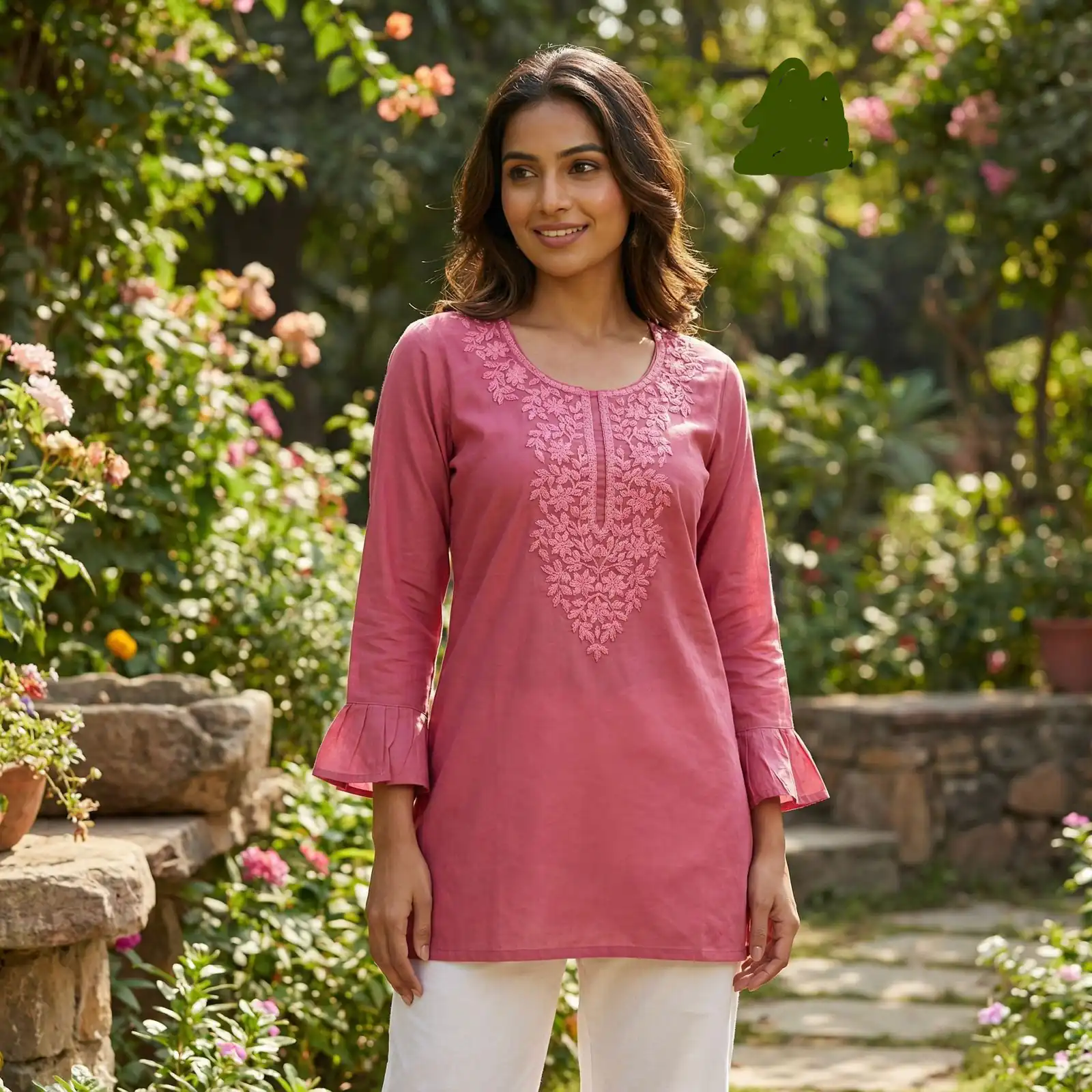 Peach Rayon Chikan Work Kurti