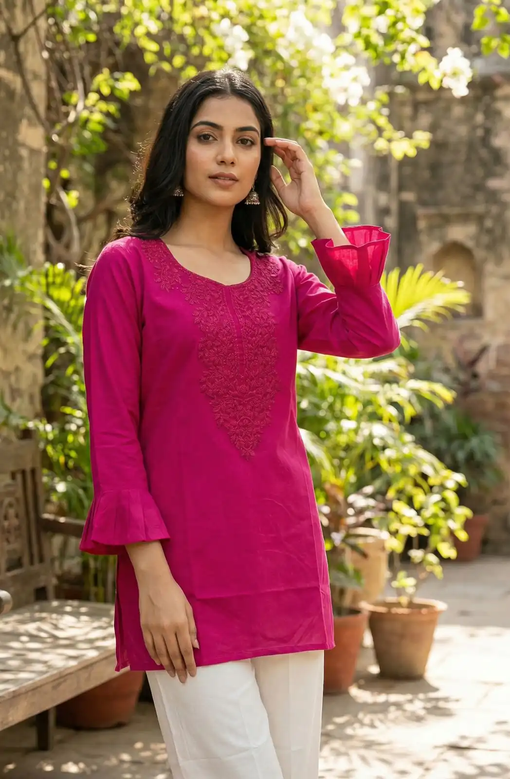 Pink Rayon Chikan Work Kurti