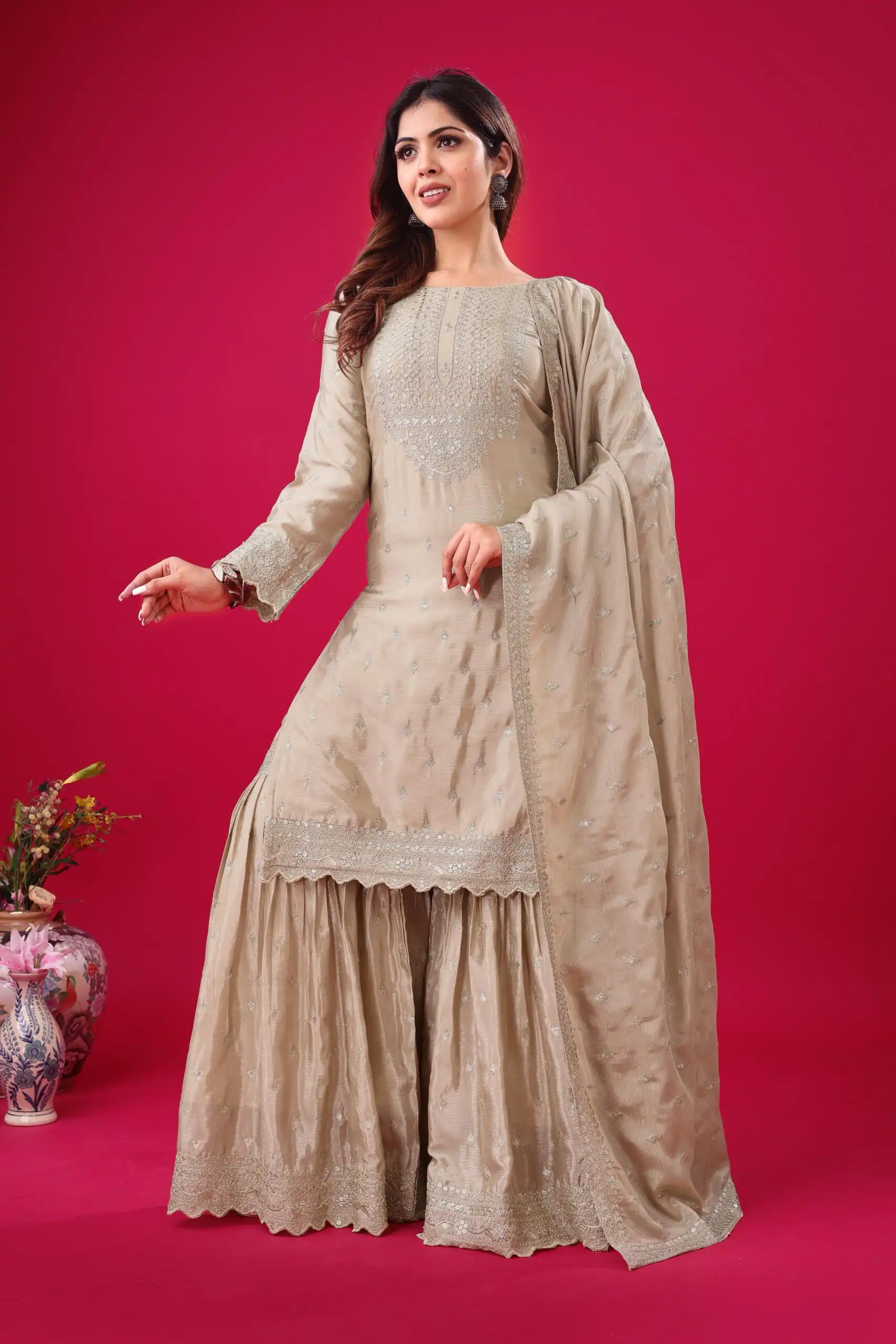 Cream Chinon Silk Sequence Work Salwar Suit - Image 3
