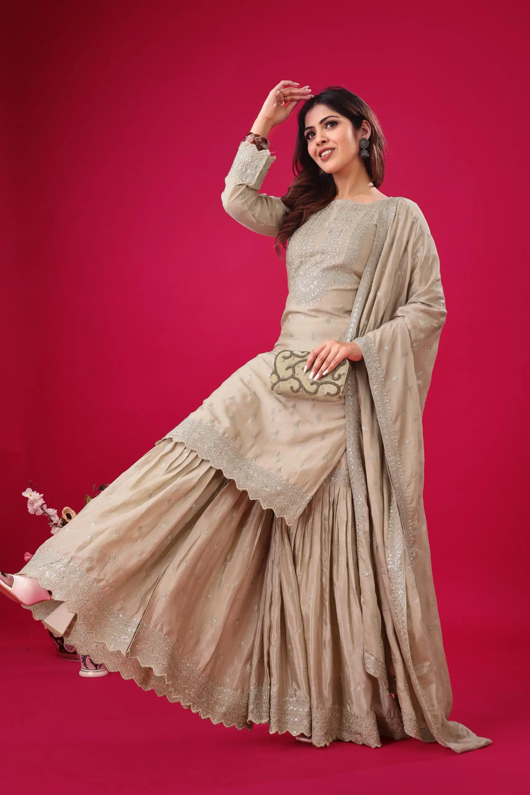 Cream Chinon Silk Sequence Work Salwar Suit - Image 2