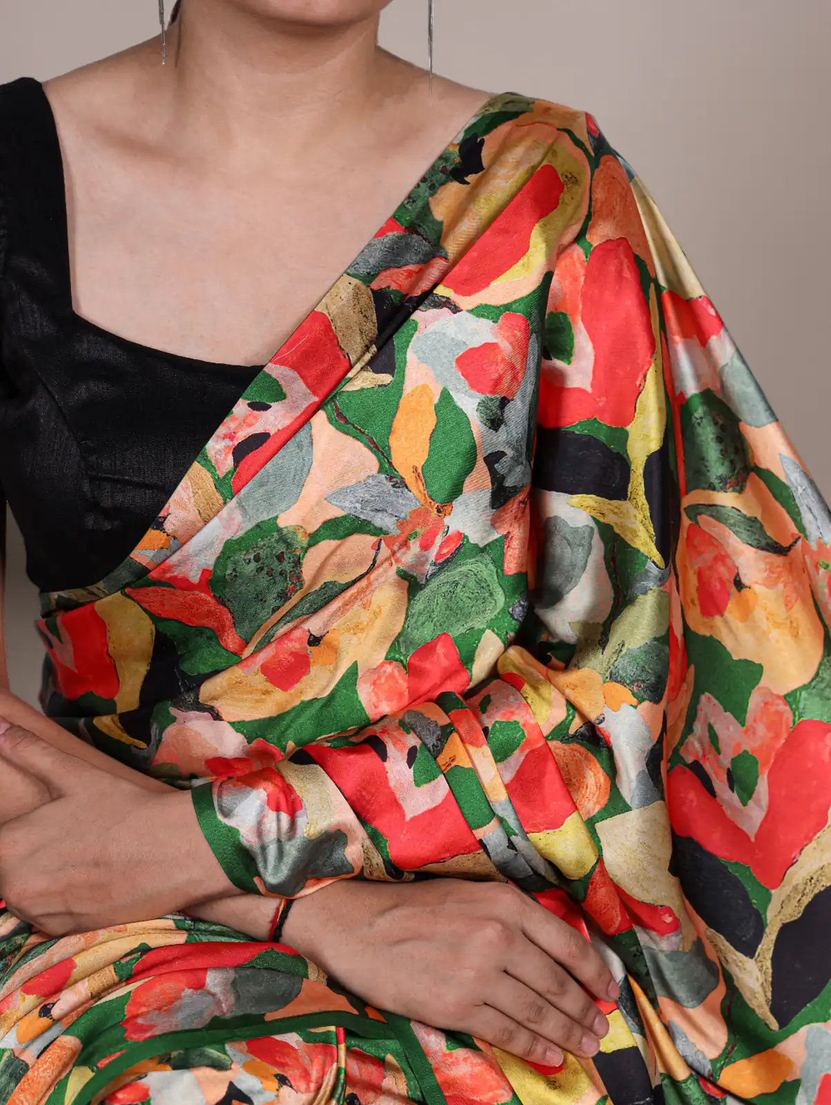 Mustered Satin Silk Floral Print Saree - Image 2