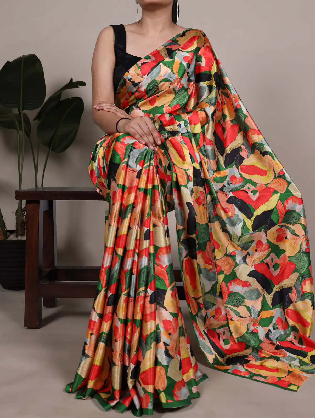 Mustered Satin Silk Floral Print Saree