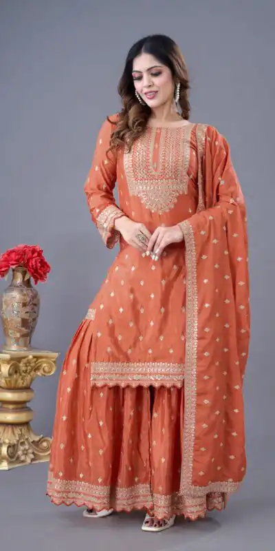 ZF 5006 Orange Color Chinon Silk Sequence Work Salwar Suit Casual, Wedding, Festive, Events . Expected Delivery  4-6 Working Days @2149/- only      | Jump Suits, Salwar suit, Casual Suits, Creative suits, Designer Suits, Palazzo Suits, Party Wear Suits, Patiala Suits, Straight Suits
