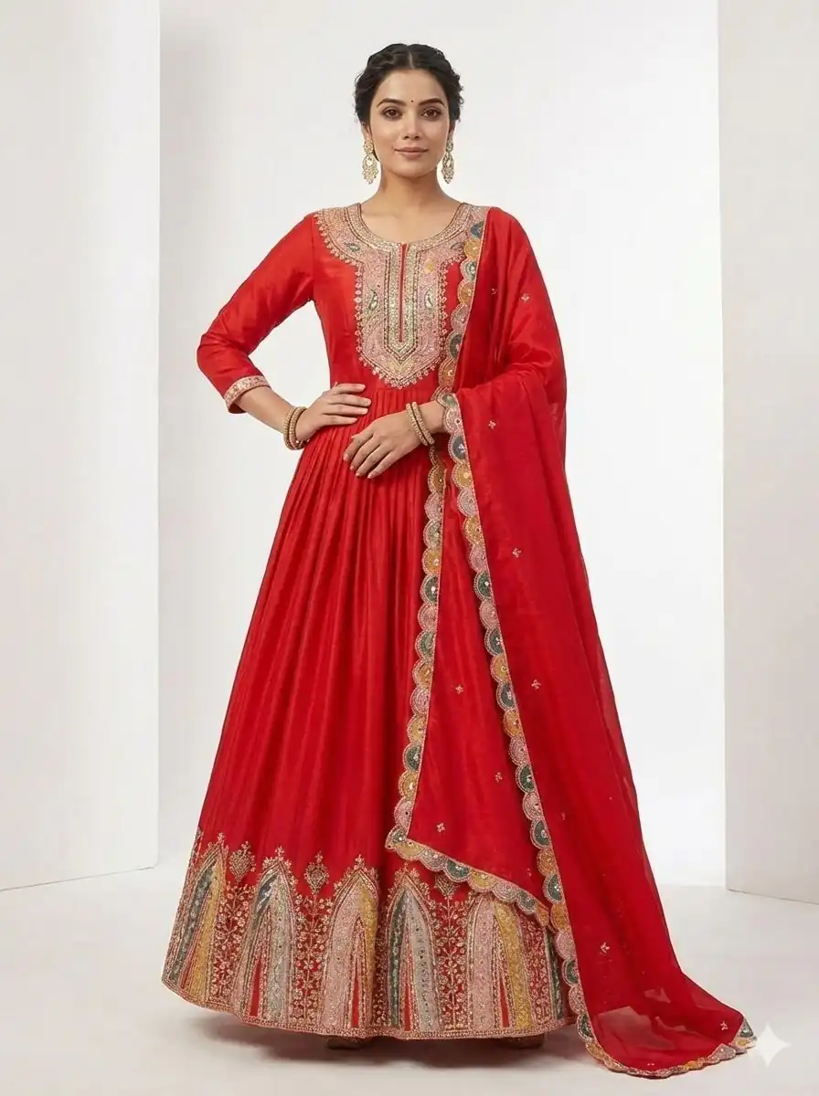 Red Chinon Silk Embroidery Work Salwar Suit - Image 2