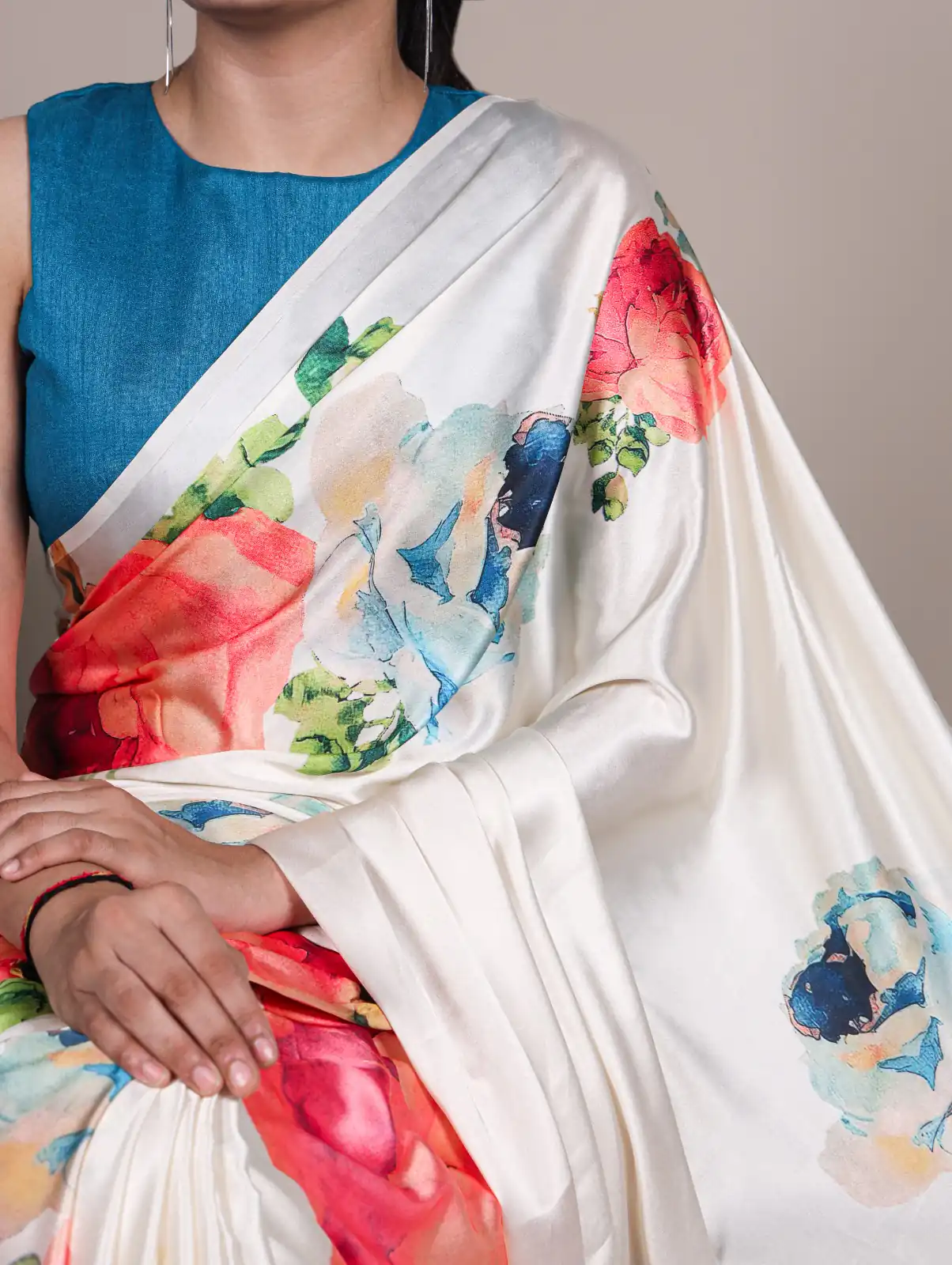 White Satin Silk Floral Print Saree - Image 2