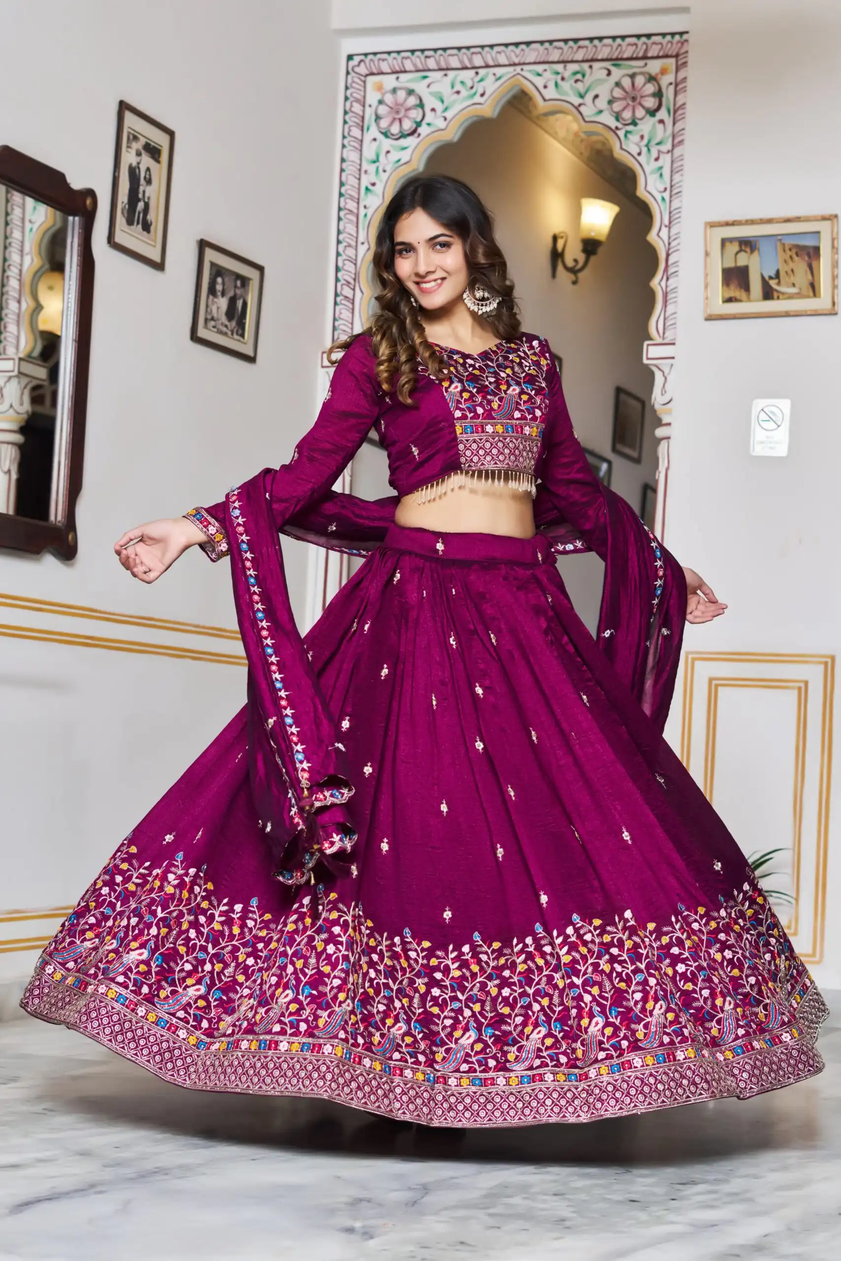 Wine Vichitra Silk Embroidery Work Lehenga Choli - Image 3