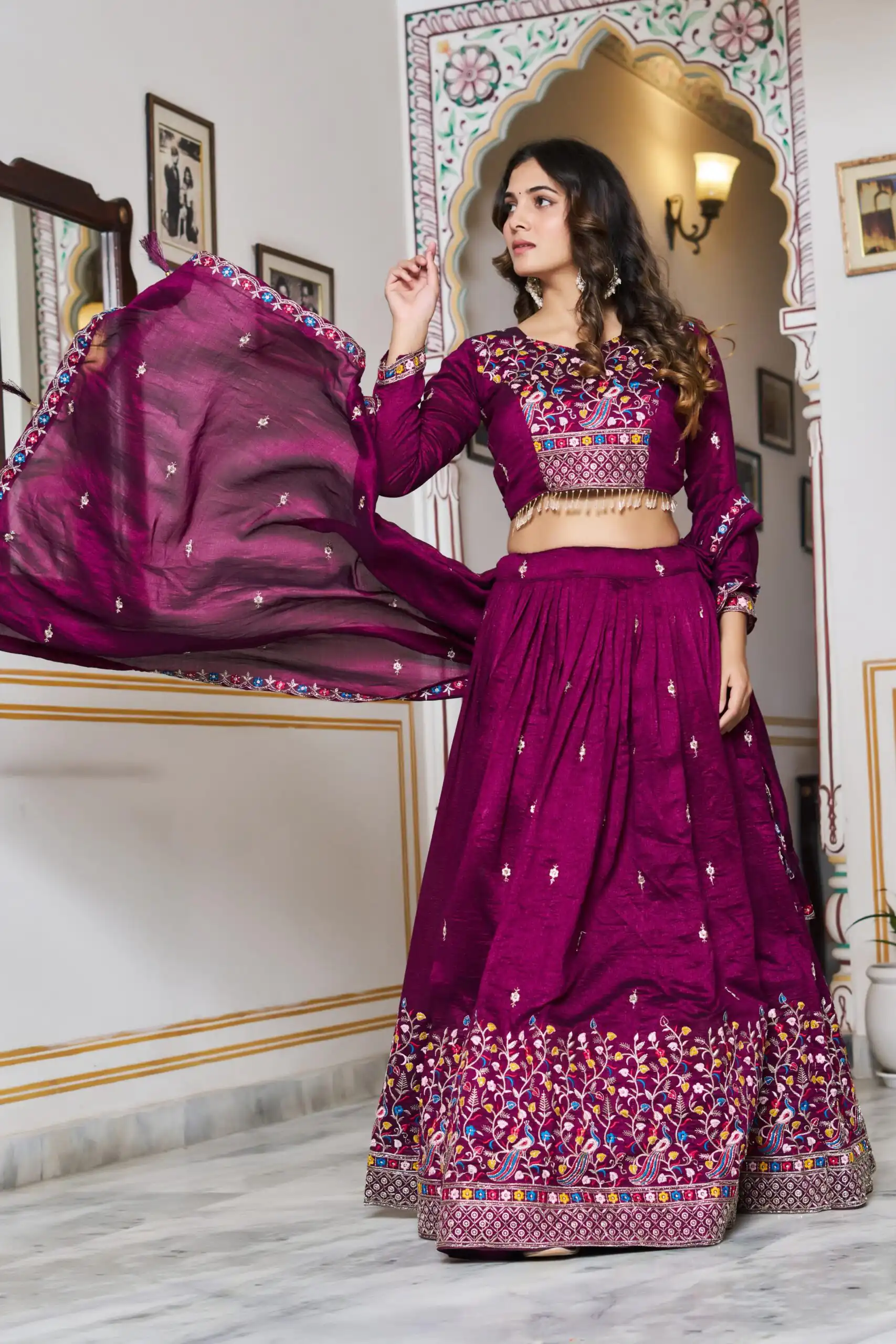 Wine Vichitra Silk Embroidery Work Lehenga Choli